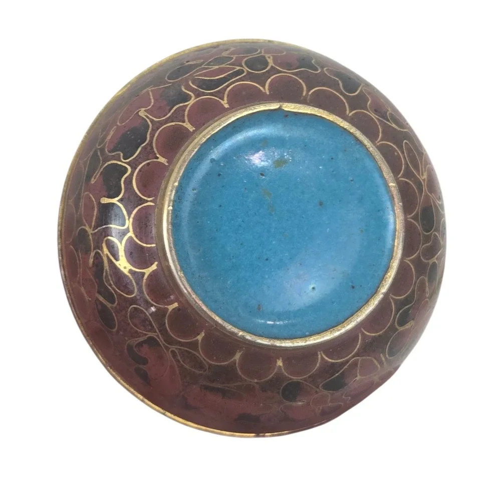 Vintage Asian Cloisonné Enamel Brass Round Lidded Trinket Box Blue Interior 2
